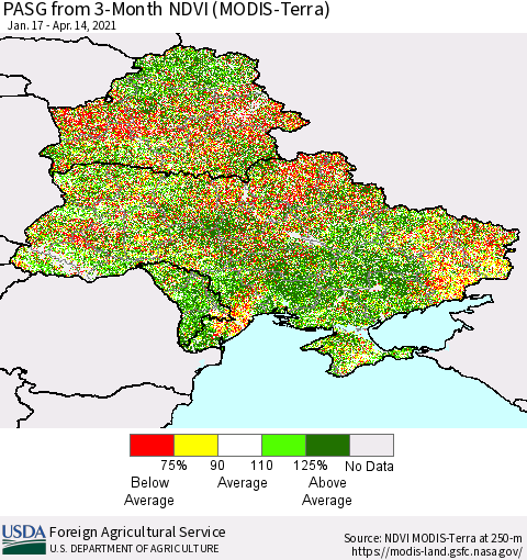 Ukraine, Moldova and Belarus PASG from 3-Month NDVI (Terra-MODIS) Thematic Map For 4/11/2021 - 4/20/2021