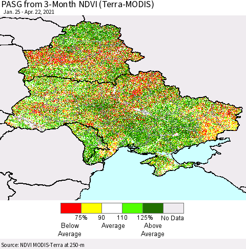 Ukraine, Moldova and Belarus PASG from 3-Month NDVI (Terra-MODIS) Thematic Map For 4/15/2021 - 4/22/2021