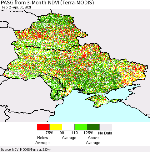 Ukraine, Moldova and Belarus PASG from 3-Month NDVI (Terra-MODIS) Thematic Map For 4/21/2021 - 4/30/2021