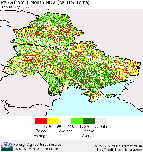 Ukraine, Moldova and Belarus PASG from 3-Month NDVI (Terra-MODIS) Thematic Map For 5/1/2021 - 5/10/2021