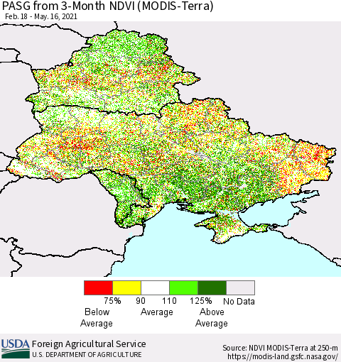 Ukraine, Moldova and Belarus PASG from 3-Month NDVI (Terra-MODIS) Thematic Map For 5/11/2021 - 5/20/2021
