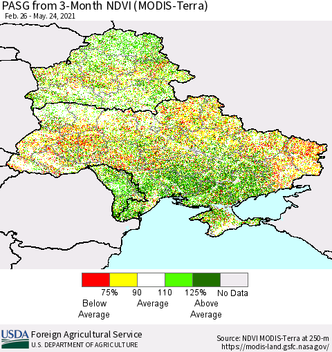 Ukraine, Moldova and Belarus PASG from 3-Month NDVI (Terra-MODIS) Thematic Map For 5/21/2021 - 5/31/2021