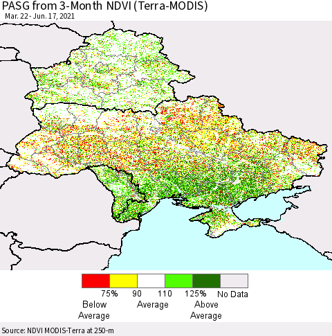 Ukraine, Moldova and Belarus PASG from 3-Month NDVI (Terra-MODIS) Thematic Map For 6/10/2021 - 6/17/2021