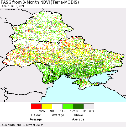 Ukraine, Moldova and Belarus PASG from 3-Month NDVI (Terra-MODIS) Thematic Map For 6/26/2021 - 7/3/2021