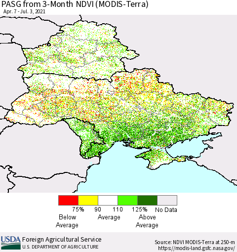 Ukraine, Moldova and Belarus PASG from 3-Month NDVI (Terra-MODIS) Thematic Map For 7/1/2021 - 7/10/2021