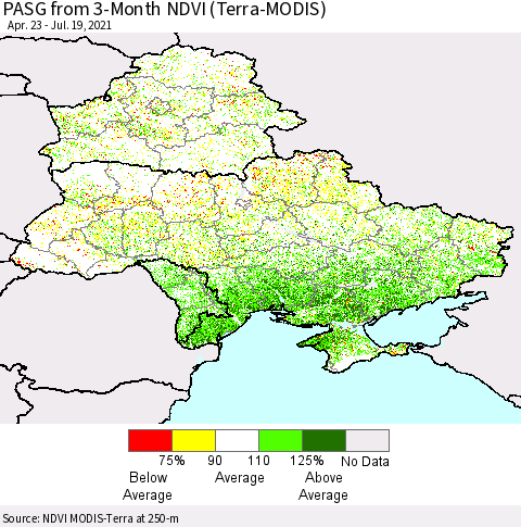 Ukraine, Moldova and Belarus PASG from 3-Month NDVI (Terra-MODIS) Thematic Map For 7/12/2021 - 7/19/2021