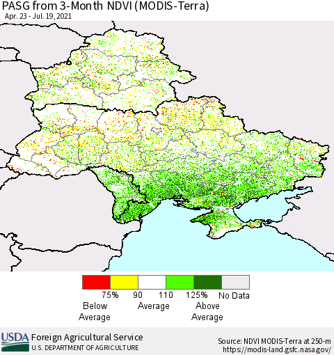 Ukraine, Moldova and Belarus PASG from 3-Month NDVI (Terra-MODIS) Thematic Map For 7/11/2021 - 7/20/2021