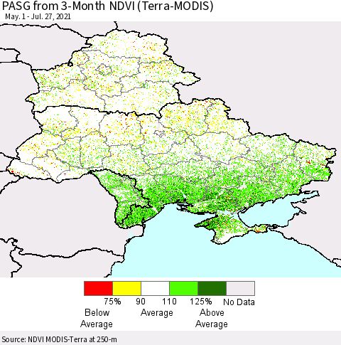 Ukraine, Moldova and Belarus PASG from 3-Month NDVI (Terra-MODIS) Thematic Map For 7/20/2021 - 7/27/2021