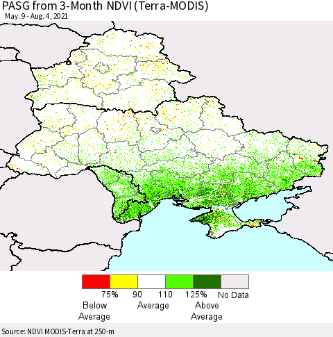 Ukraine, Moldova and Belarus PASG from 3-Month NDVI (Terra-MODIS) Thematic Map For 7/28/2021 - 8/4/2021