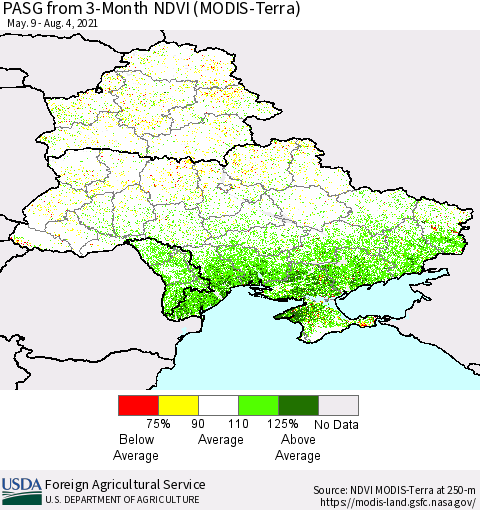 Ukraine, Moldova and Belarus PASG from 3-Month NDVI (Terra-MODIS) Thematic Map For 8/1/2021 - 8/10/2021