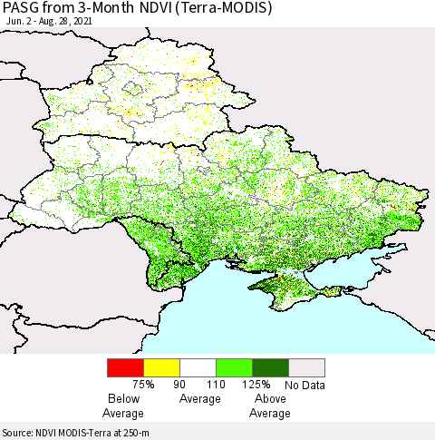 Ukraine, Moldova and Belarus PASG from 3-Month NDVI (Terra-MODIS) Thematic Map For 8/21/2021 - 8/28/2021