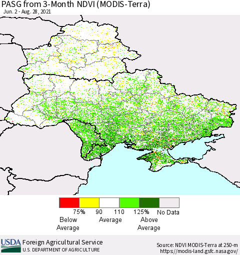 Ukraine, Moldova and Belarus PASG from 3-Month NDVI (Terra-MODIS) Thematic Map For 8/21/2021 - 8/31/2021