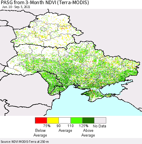 Ukraine, Moldova and Belarus PASG from 3-Month NDVI (Terra-MODIS) Thematic Map For 8/29/2021 - 9/5/2021