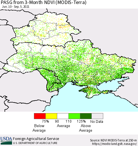 Ukraine, Moldova and Belarus PASG from 3-Month NDVI (Terra-MODIS) Thematic Map For 9/1/2021 - 9/10/2021