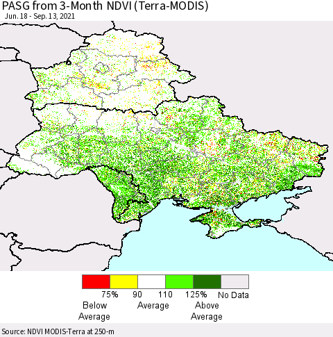 Ukraine, Moldova and Belarus PASG from 3-Month NDVI (Terra-MODIS) Thematic Map For 9/6/2021 - 9/13/2021