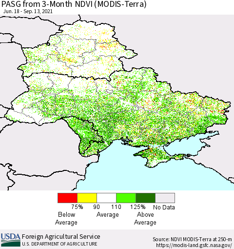 Ukraine, Moldova and Belarus PASG from 3-Month NDVI (Terra-MODIS) Thematic Map For 9/11/2021 - 9/20/2021