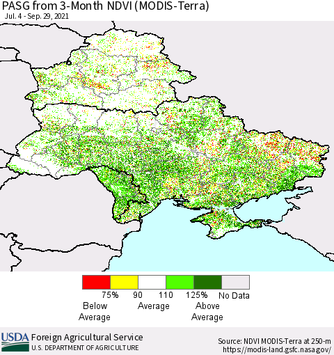 Ukraine, Moldova and Belarus PASG from 3-Month NDVI (Terra-MODIS) Thematic Map For 9/21/2021 - 9/30/2021