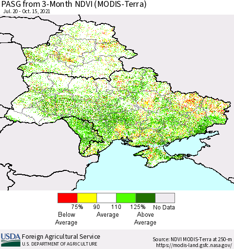 Ukraine, Moldova and Belarus PASG from 3-Month NDVI (Terra-MODIS) Thematic Map For 10/11/2021 - 10/20/2021