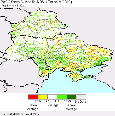 Ukraine, Moldova and Belarus PASG from 3-Month NDVI (Terra-MODIS) Thematic Map For 11/1/2021 - 11/8/2021