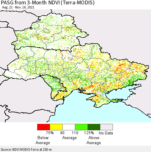 Ukraine, Moldova and Belarus PASG from 3-Month NDVI (Terra-MODIS) Thematic Map For 11/9/2021 - 11/16/2021