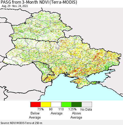 Ukraine, Moldova and Belarus PASG from 3-Month NDVI (Terra-MODIS) Thematic Map For 11/17/2021 - 11/24/2021