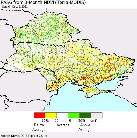 Ukraine, Moldova and Belarus PASG from 3-Month NDVI (Terra-MODIS) Thematic Map For 11/25/2021 - 12/2/2021