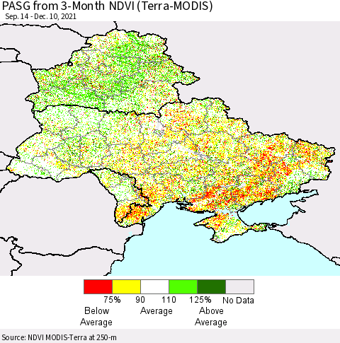 Ukraine, Moldova and Belarus PASG from 3-Month NDVI (Terra-MODIS) Thematic Map For 12/3/2021 - 12/10/2021