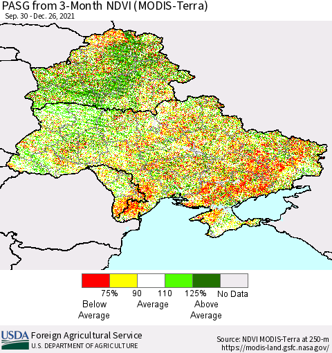 Ukraine, Moldova and Belarus PASG from 3-Month NDVI (Terra-MODIS) Thematic Map For 12/21/2021 - 12/31/2021