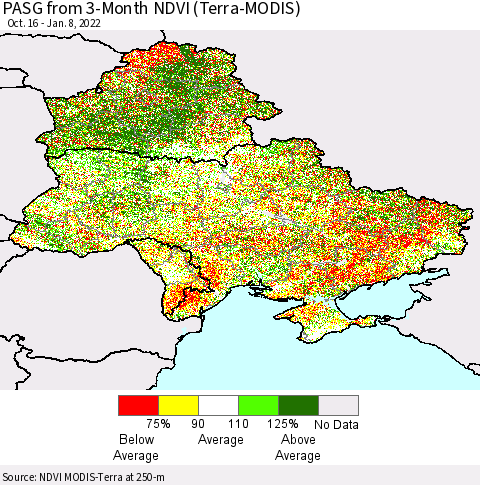 Ukraine, Moldova and Belarus PASG from 3-Month NDVI (Terra-MODIS) Thematic Map For 1/1/2022 - 1/8/2022