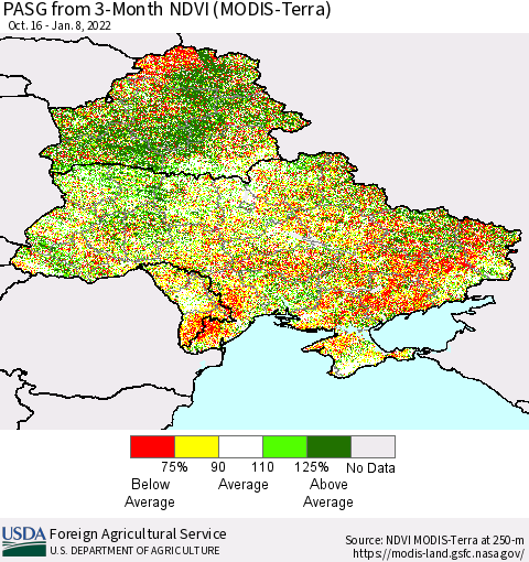 Ukraine, Moldova and Belarus PASG from 3-Month NDVI (Terra-MODIS) Thematic Map For 1/1/2022 - 1/10/2022