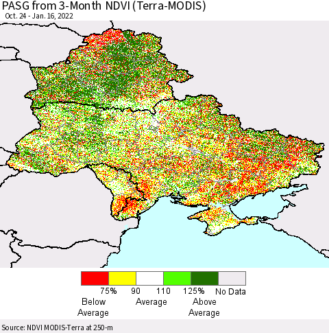 Ukraine, Moldova and Belarus PASG from 3-Month NDVI (Terra-MODIS) Thematic Map For 1/9/2022 - 1/16/2022