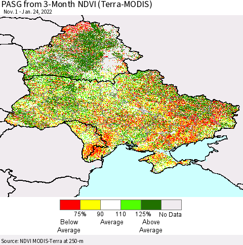 Ukraine, Moldova and Belarus PASG from 3-Month NDVI (Terra-MODIS) Thematic Map For 1/17/2022 - 1/24/2022