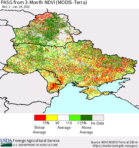 Ukraine, Moldova and Belarus PASG from 3-Month NDVI (Terra-MODIS) Thematic Map For 1/21/2022 - 1/31/2022