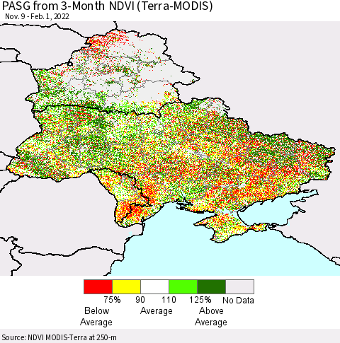 Ukraine, Moldova and Belarus PASG from 3-Month NDVI (Terra-MODIS) Thematic Map For 1/25/2022 - 2/1/2022
