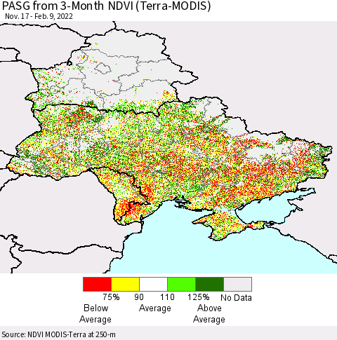 Ukraine, Moldova and Belarus PASG from 3-Month NDVI (Terra-MODIS) Thematic Map For 2/2/2022 - 2/9/2022