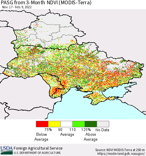 Ukraine, Moldova and Belarus PASG from 3-Month NDVI (Terra-MODIS) Thematic Map For 2/1/2022 - 2/10/2022