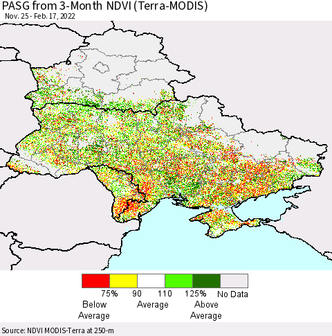 Ukraine, Moldova and Belarus PASG from 3-Month NDVI (Terra-MODIS) Thematic Map For 2/10/2022 - 2/17/2022