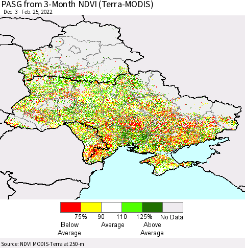 Ukraine, Moldova and Belarus PASG from 3-Month NDVI (Terra-MODIS) Thematic Map For 2/18/2022 - 2/25/2022