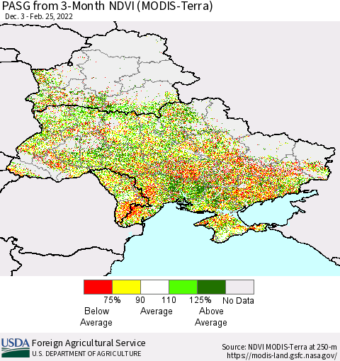 Ukraine, Moldova and Belarus PASG from 3-Month NDVI (Terra-MODIS) Thematic Map For 2/21/2022 - 2/28/2022