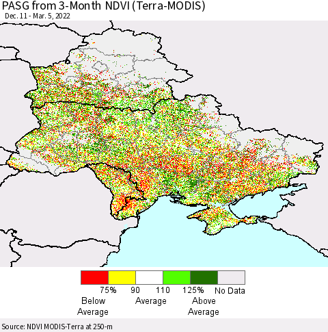 Ukraine, Moldova and Belarus PASG from 3-Month NDVI (Terra-MODIS) Thematic Map For 2/26/2022 - 3/5/2022