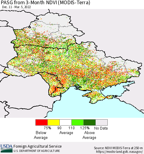 Ukraine, Moldova and Belarus PASG from 3-Month NDVI (Terra-MODIS) Thematic Map For 3/1/2022 - 3/10/2022