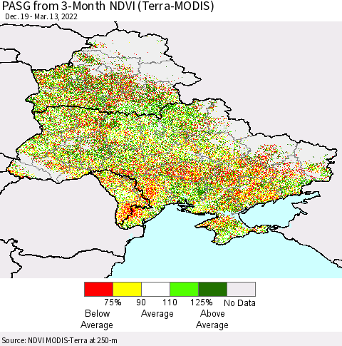 Ukraine, Moldova and Belarus PASG from 3-Month NDVI (Terra-MODIS) Thematic Map For 3/6/2022 - 3/13/2022