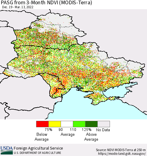 Ukraine, Moldova and Belarus PASG from 3-Month NDVI (Terra-MODIS) Thematic Map For 3/11/2022 - 3/20/2022