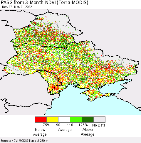 Ukraine, Moldova and Belarus PASG from 3-Month NDVI (Terra-MODIS) Thematic Map For 3/14/2022 - 3/21/2022