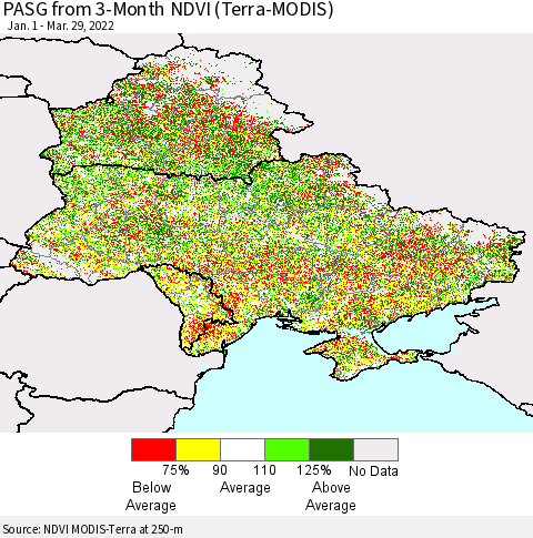 Ukraine, Moldova and Belarus PASG from 3-Month NDVI (Terra-MODIS) Thematic Map For 3/22/2022 - 3/29/2022