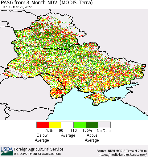 Ukraine, Moldova and Belarus PASG from 3-Month NDVI (Terra-MODIS) Thematic Map For 3/21/2022 - 3/31/2022