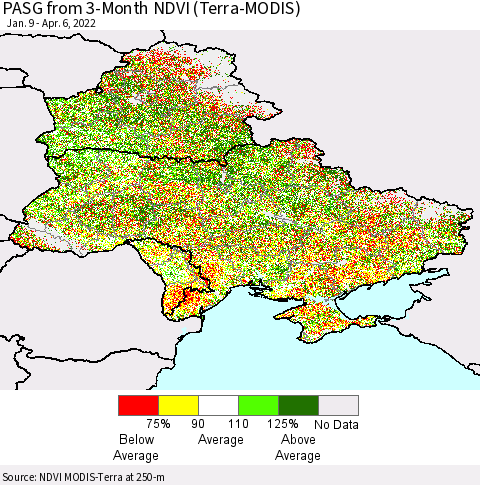 Ukraine, Moldova and Belarus PASG from 3-Month NDVI (Terra-MODIS) Thematic Map For 3/30/2022 - 4/6/2022