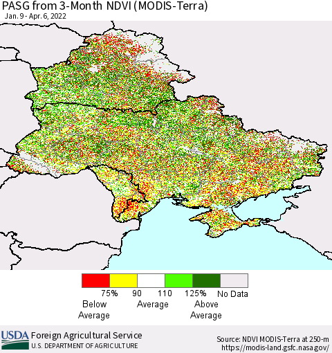 Ukraine, Moldova and Belarus PASG from 3-Month NDVI (Terra-MODIS) Thematic Map For 4/1/2022 - 4/10/2022