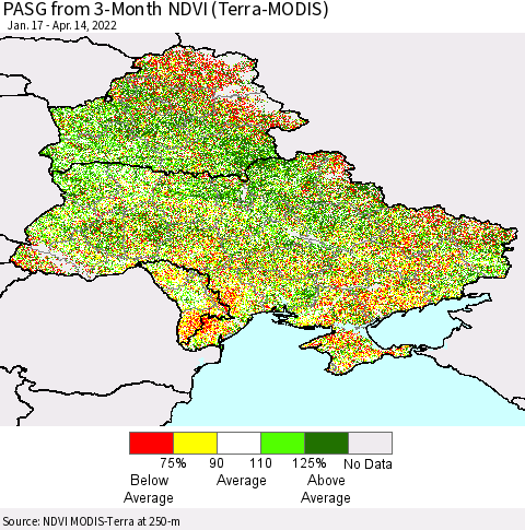 Ukraine, Moldova and Belarus PASG from 3-Month NDVI (Terra-MODIS) Thematic Map For 4/7/2022 - 4/14/2022