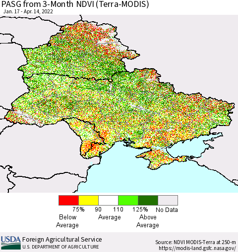Ukraine, Moldova and Belarus PASG from 3-Month NDVI (Terra-MODIS) Thematic Map For 4/11/2022 - 4/20/2022